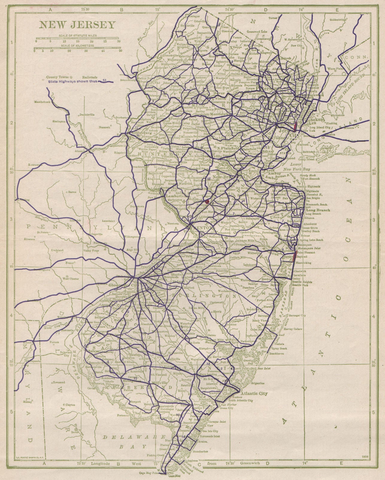 New Jersey State Highways. POATES 1925 old vintage map plan chart
